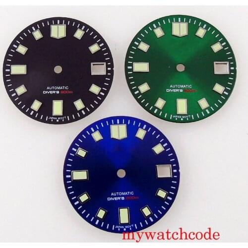 29mm Black Blue Green Wristwatch Dial For NH35A Movement Green Luminous Marks With Date Window