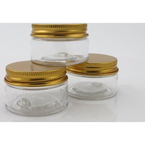 60pcs/lot 30g Portable Empty PET plastic jars with aluminum gold lids 1oz Clear pots cosmetic Container