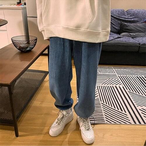 Man Casual Tie Leg Straight Pants Corduroy Solid Color Trousers Man Warm Korean Streetwear Pants Straight Pants