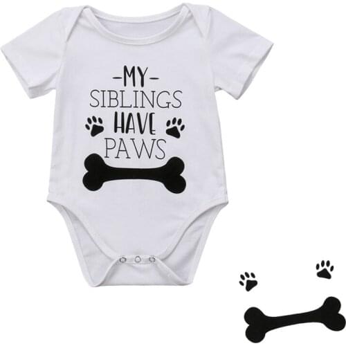 DERMSPE New Summer Newborn Baby Boys Girls Short Sleeve Letter Print My Sibling Have Paws Romper Jumpsuit Baby Clothes