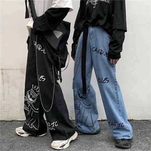 Retro High Street Womens Straight-Leg Jeans Washed Cartoon Trousers Wide-Leg Pants High-Waisted Jeans For Men And Women