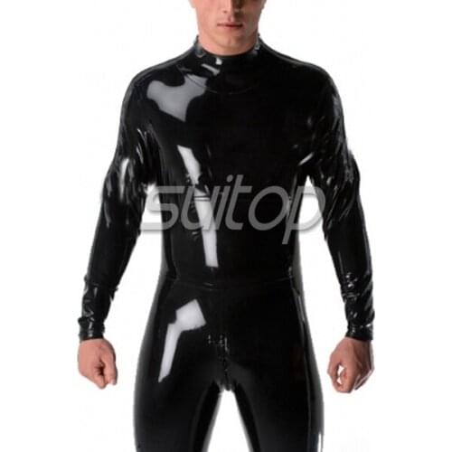Suitop shoulder entry black latex castuit with socks for men black rubber catsuit with should ziper