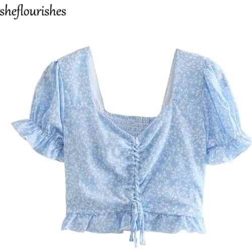 Korean shirt women summer short sleeve blouse ruffle square neck top blue kawaii cropped shirt drawstring elastic blouse women