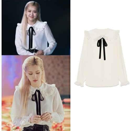 Kpop ROSE Summer Women Lace Up Cardigan White Shirts Slim Sexy Tops Buttons Blouses Long Sleeve Ruffled Wild Lady Bow-knot Tops