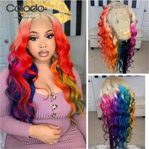 Red Rainbow Color Lace Front Human Hair Wigs Pre Plucked Brazilian Remy Transparent Lace Wigs With Baby Hair for Women