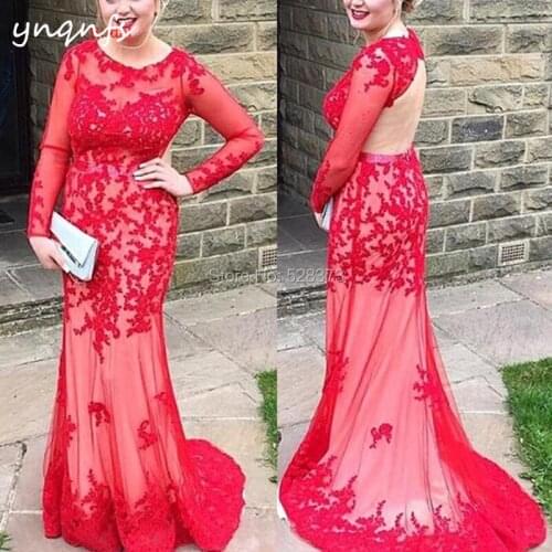 YNQNFS Lace Appliques Sexy Long Gown Open Back Long Sleeve Vestido Formal Dress Mother of the Bride Dresses MD364