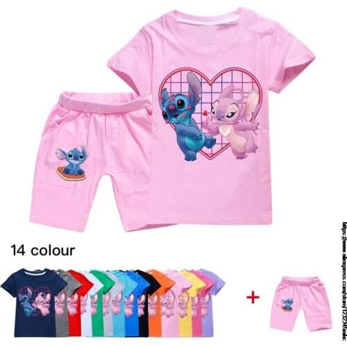 Summer Stitch Girls Clothing Set Cute T-Shirt Cartoon Children Boys Clothes Shorts Suit for Kids Outfit Outfit Disney
