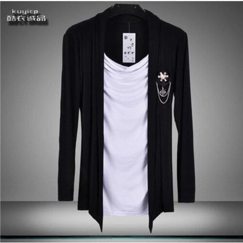 Summer New Korean Non-mainstream Youth Men Fake Two Long-sleeved T-shirt Mens Clothing Personality Small Shirt Singer Costumes