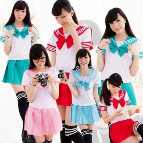 8 Colors Girls Sweet High School Uniform Sailor Suit Tops+Skirt Daily/Cosplay Costume S-XXL