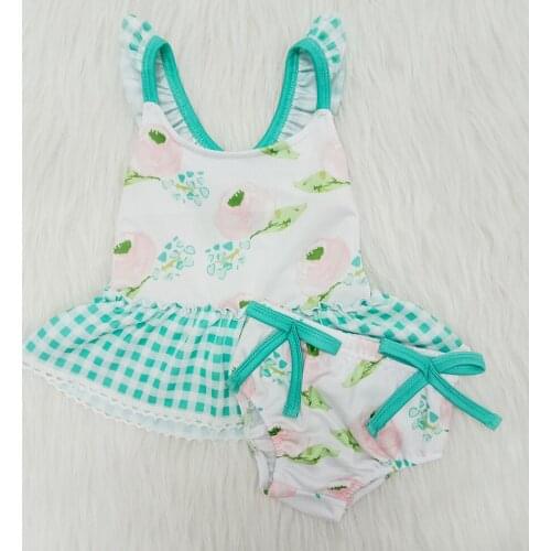 Cute fashion baby girl swim set green and black lattice top and shorts 2 pieces set girl flower pattern outfit with bow