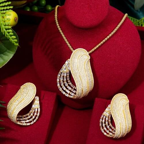 Missvikki Luxury Dubai 2PCS Big Shiny Pendant Earrings Necklace Jewelry Set Super CZ Noble Bridal Wedding New Design Accessories