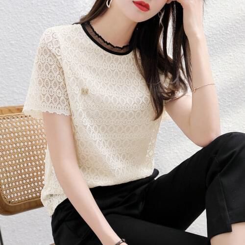 Fashion 2021 Summer New Short Sleeve Lace Round Neck T-shirt Hollow Contrast Loose Womens Blouse Pullover Bottoming Shirt