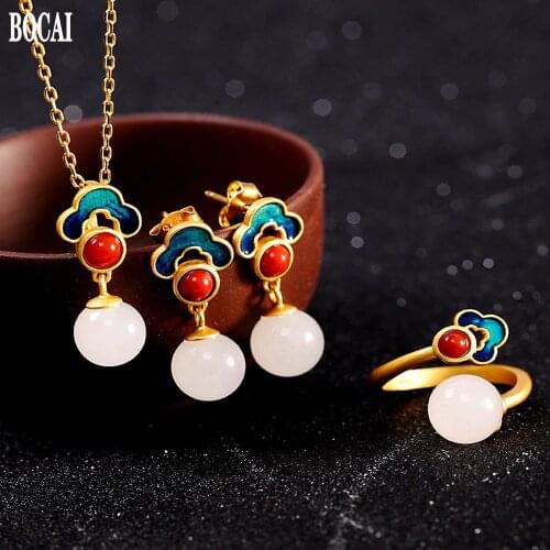 Fashionable and fresh s925 silver jewelry woman pendant burnt blue auspicious cloud Hetian jade ring + pendant + earring set