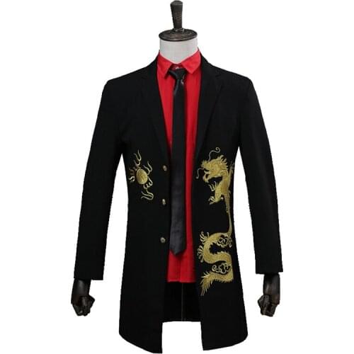 Mens embroidery dragon black long tuxedo jacket/stage performance/stuido/long jacket/asia size