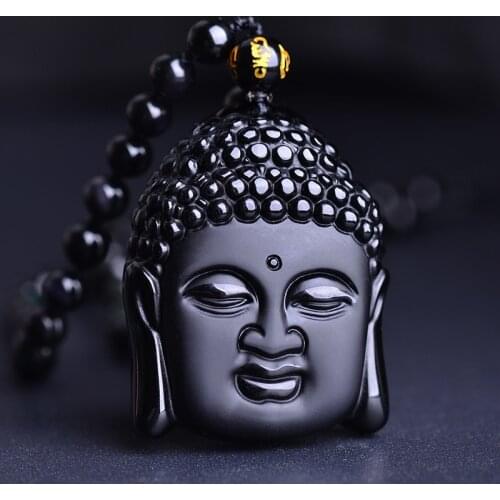 Natural Frosted Obsidian Stone Maitreya Buddha Head Pendant Necklace Buddha Head Pendant Sweater Chain Stone Jewelry