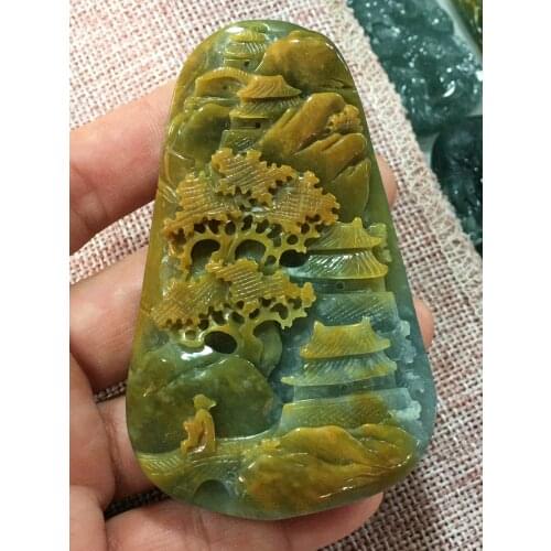 Natural Myanmar jade 7A HandCarved jade landscape jadeite yellow jade pendant jade necklace pendants jewelry necklaces