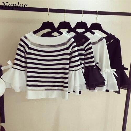 Neploe New Sweet Striped Bow Women Blouse Three Quarter Flare Sleeve Female Blusas Fashion Knitted Slim O-Neck Blusa 67641