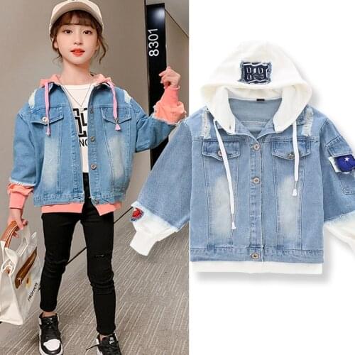 2021 new spring and autumn girls coat denim coat versatile denim coat contrast splicing denim coat 3 45 6 7 8 9 10 11 12