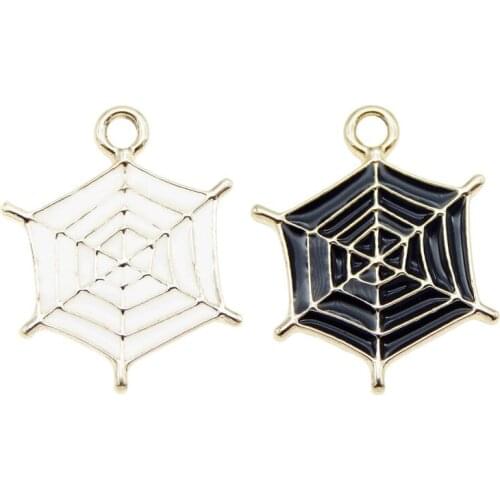 Julie Wang 6PCS Enamel Spider Web Charms Black White Cartoon Halloween Cobweb Pendants Alloy Jewelry Making Accessory