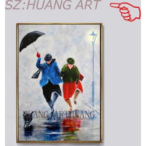 Hand Painted Palette Knife Landscape Lovers In The Rain Oil Painting On Canvas Modern Abstract Art For Wall Room Home Decoration
