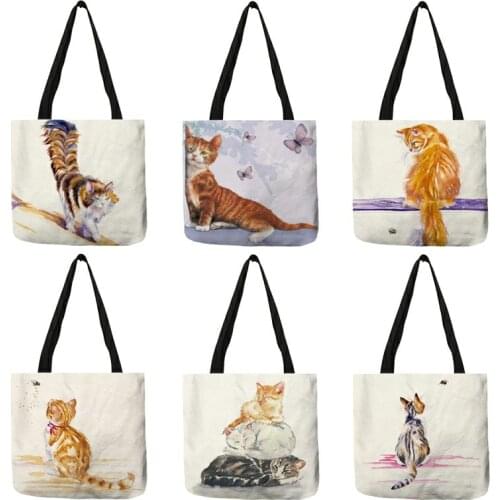 Cute Watercolor Pastoral Cat Painting Leisure Tote Bag Eco Linen Shopping Bags Reusable Fodable Outdoor Traveling Beach Handbag