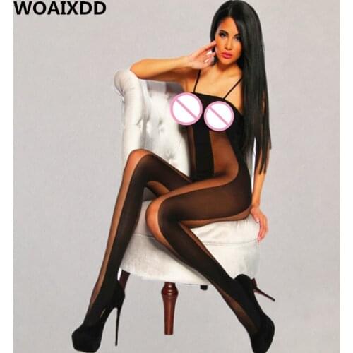 Sexy Lingerie Erotic Black Lace Bodystockings Women Open Crotch Sheer Tights Halter See Throught Hollow Porno Bodysuit Stockings