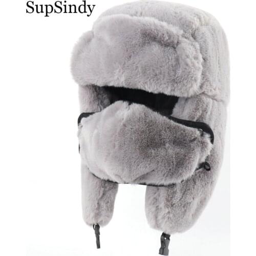 SupSindy Men&Women Military Ushanka Winter Earflap Bomber Hats with mask Warm Faux Rabbit Fur windproof Thermal hat Snow ski Cap