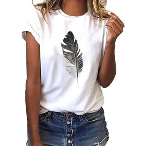 Women Feather Printed White Shirt 2021 Summer Round Neck Short Sleeve Casual Slim Basic Cartoon Printed T Shirt Tops Tees