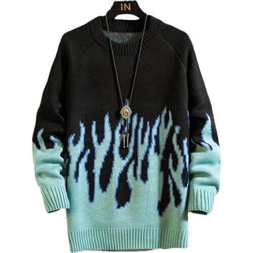 2021 New Sweater Female Hip-hop Style Flame Jacquard Womens Sweater Traf Couple Pullover Knit Top Loose Mens Sweater Harajuku