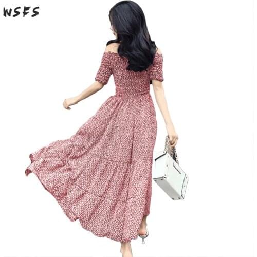 Summer Pink Print Dress Slash Neck Off Shoulder Sleeve Womens Dresses Bohemian Bodycon Sexy Patry Long Maxi Sundress Vestidos De