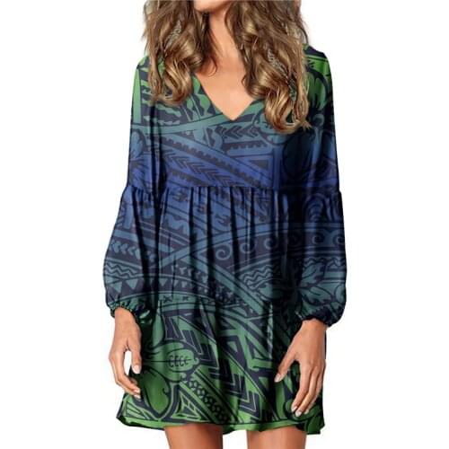Hycool Women V-Neck Lantern Sleeve Polynesian Gradient Tribal Vintage Dress Plus Size Loose Casual Knee-Length Pregnant Dresses