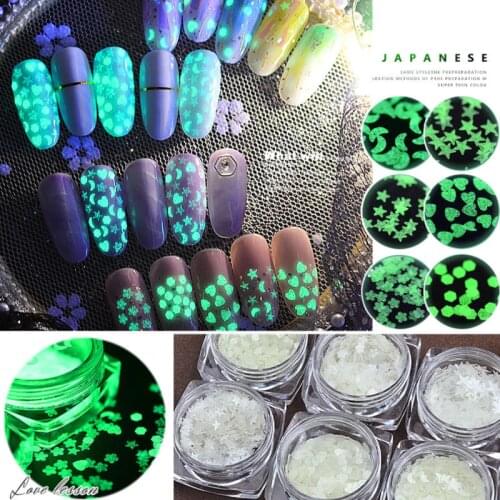 1 box Fluorescent Luminous Nail Art Sequins Heart Star Flower Ultrathin Nail Glitter Flakes Nail Art Decorations Glow in the Dar