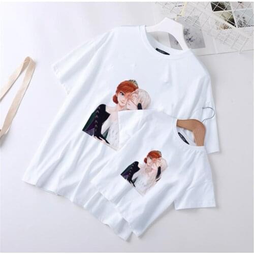 Women T Shirts Summer Short Sleeve Casual White O-neck Kids Girls Tshirts Harajuku Disney Princess Elsa Anna Printed Tops Tees
