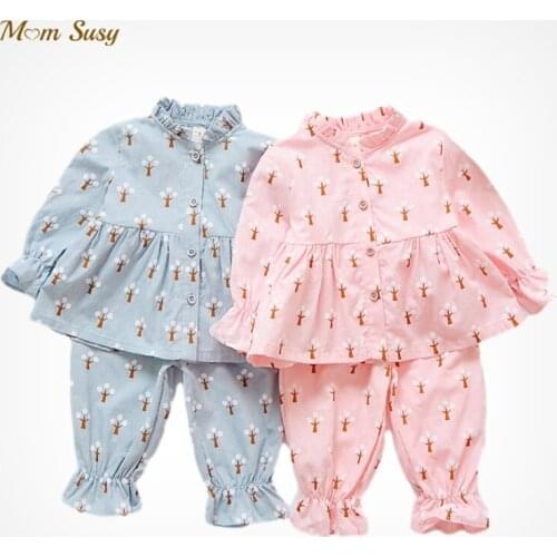 Newborn Baby Girl Cotton Pajamas Set Shirt+Pant 2PCS Infant Toddler Sleepwear Button Long Sleeve Baby Home Suit Clothes 6M-2Y
