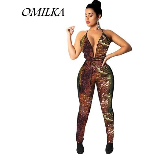 OMILKA Sequin Rompers and Jumpsuits 2018 Autumn Women Halter Backless Bodycon Bandage Colorful Shiny Bling Club Party Overalls