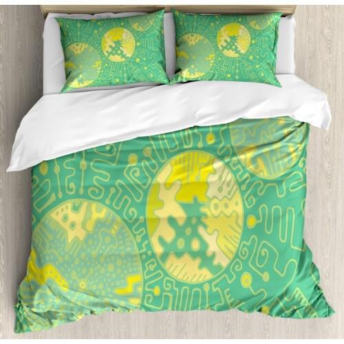 Abstract Surreal Duvet Cover Set Colorful Fantasy Doodle Motifs 3 Piece Bedding Set Shamrock Green Pastel Yellow Yellow Green