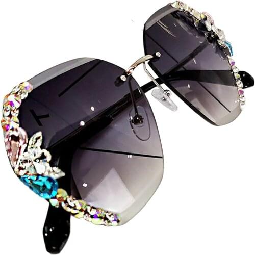 Round Vintage Rimless Rhinestone Sunglasses Women Men Retro Cutting Lens Gradient Sun Glasses Female UV400 Anti Ultraviolet