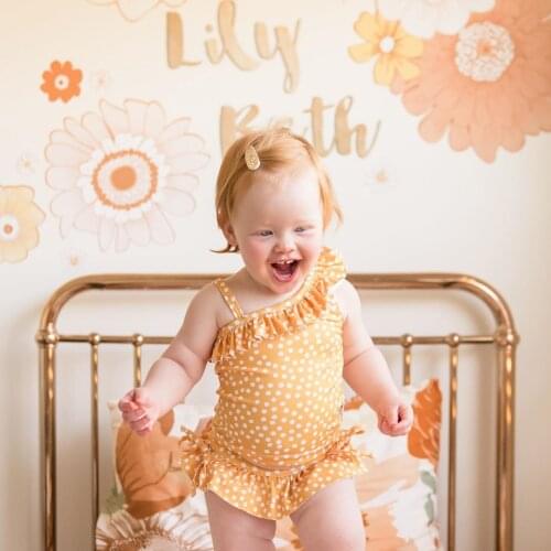 Baby Girl Swimsuit Summer One-Piece Polka Dot Printed No-Sleeve Slant Collar Flouncing Sling Beach Dress Swimwear
