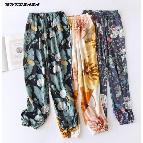 Summer Women Pajama Bottoms Viscose Rayon Printing Elastic Waist Ankle-Length Pants Sleep Wear Lounge Wear Closing Pants