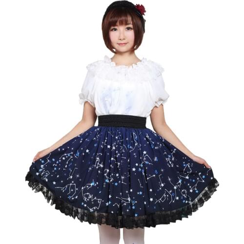 Sweet Blue lolita skirt Starry night printed SK lace trimed fashion japanese lolita Skirt elastic