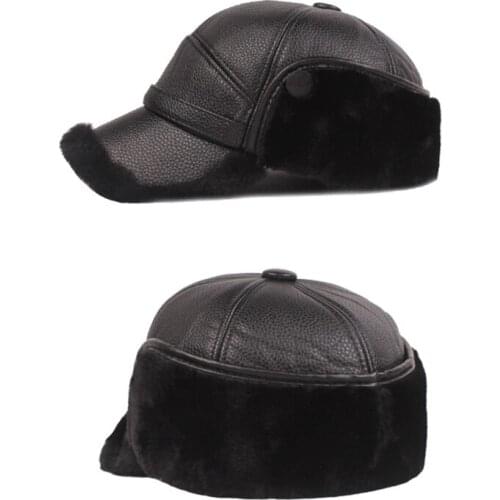 Male PU Leahter Suede Bomber Hat Winter Man Nubuck Thick Head Warm Soft Dome Caps Elder Black/Brown Sewing Fitted 2020