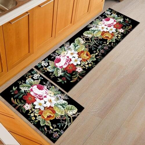 Flower Printed Kitchen Mat Set Long Carpet Hallway Doormat Bedside Floor Mat Non-slip Water Absorption Bathroom Rugs