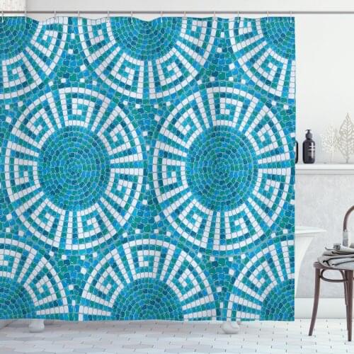 Aqua Shower Curtain Set Greek Meander Mosaic Pattern Geometrical Curtain for Bathroom Decor 12 Hooks Decorative Bath Accessory