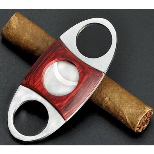 New 1pcs Cigars cutter 304 stainless steel cigar knife Red Wooden smoking knife smoker double edged cigar scissors