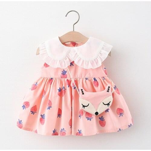 2021 New Summer Cartoon Strawberry Print Cute Fox Oblique Cross-skirt Doll Collar Baby Girls Dresses Lovely Princess Dress 0-18M