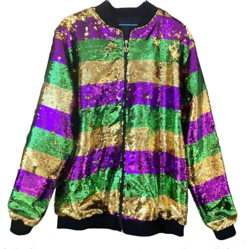 Wholesale bulk order adult Mardi Gras sequin bomber jacket reversible Striped sequins coats