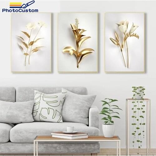 PhotoCustom Diy Painting By Numbers Golden lotus on Canvas Colouring Handpainted Flowers Gift Frame Wall Decor Artwork