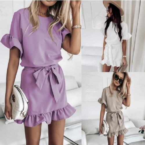 2020 Summer New Slim Comfortable Womens Fashion Casual Lotus Leaf Dress Sexy Round Neck Short Sleeve Strap White Purple Dress
