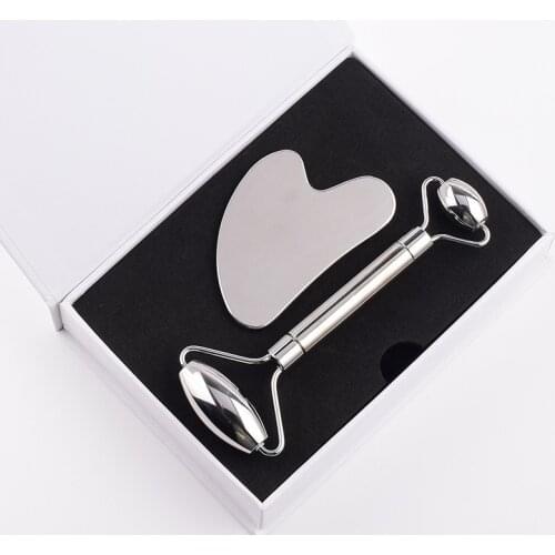 Stainless Steel Facial Roller Gua Sha Scraping Massage Tool Set Custom Stainless Steel Gua Sha Body Metal Facial Massager
