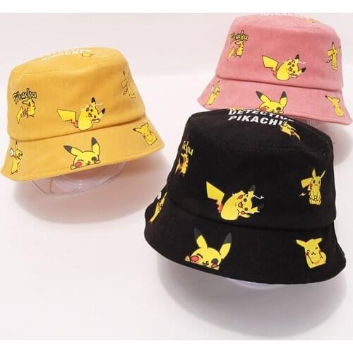Childrens Fisherman Caps New Deerskin Velvet Cartoon Pikachu Baby Hats for Boys and Girls Flat Top Wide Brim Tide Basin Hats